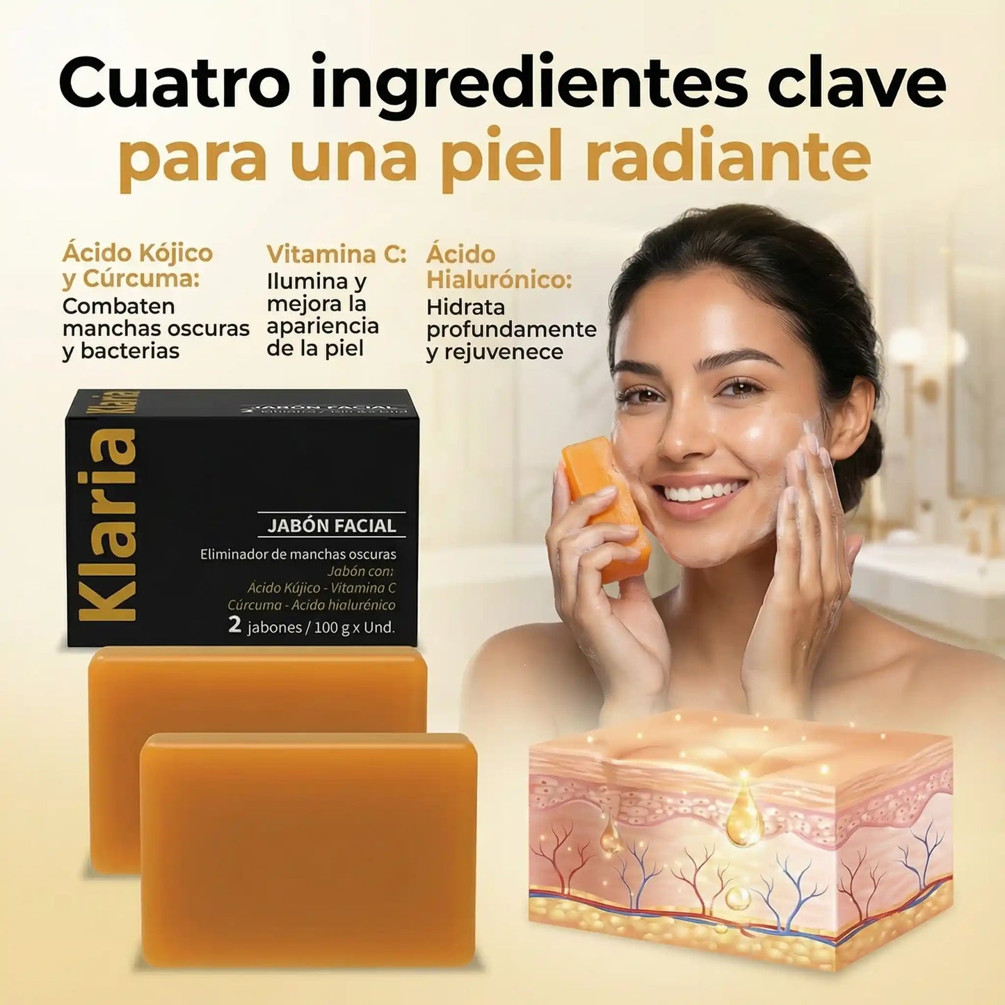 Klaria jabón con ácido kójico para rostro y cuerpo