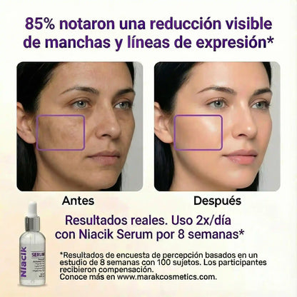 Niacik® combina Niacinamida + Alpha Arbutin para aclarar, iluminar y mejorar la textura sin irritar tu piel.