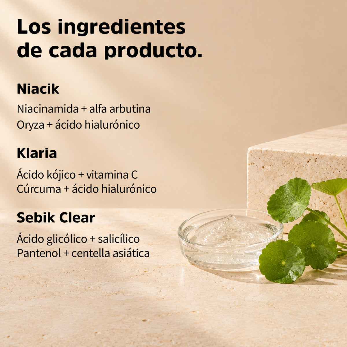 Ingredientes destacados de Niacik, Klaria y Sebik Clear, separados por producto.