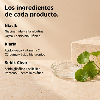 Ingredientes destacados de Niacik, Klaria y Sebik Clear, separados por producto.