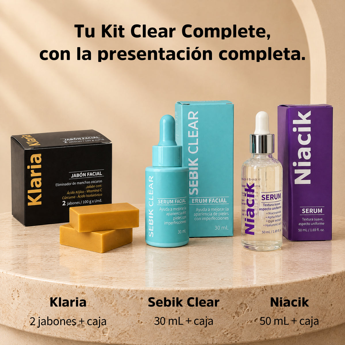 Contenido del Kit Clear Complete: Klaria, dos jabones y caja; Sebik Clear 30 mL y caja; Niacik 50 mL y caja.