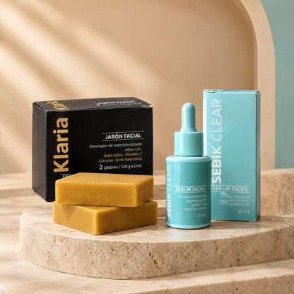 Kit Clear Reset: una caja Klaria con dos jabones y un Sebik Clear de 30 mL con su caja.