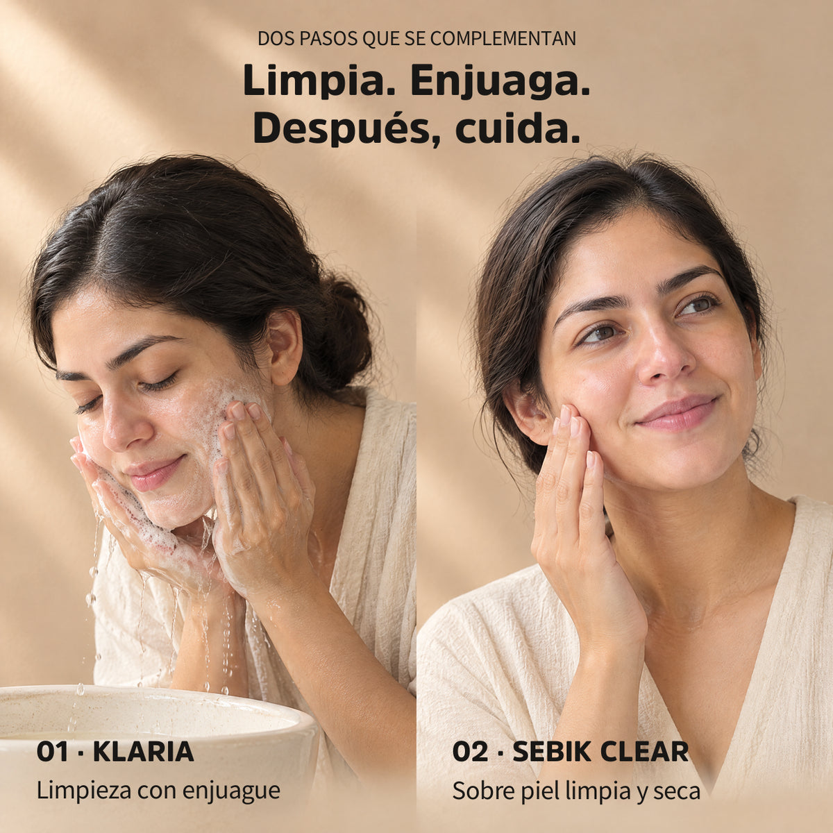 Rutina en dos pasos: Klaria se enjuaga; Sebik Clear se aplica sobre piel limpia y seca.