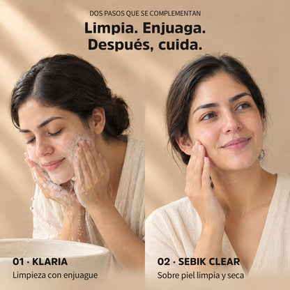 Rutina en dos pasos: Klaria se enjuaga; Sebik Clear se aplica sobre piel limpia y seca.