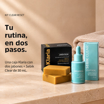 Kit Clear Reset completo: una caja Klaria con dos jabones y Sebik Clear de 30 mL con su caja.
