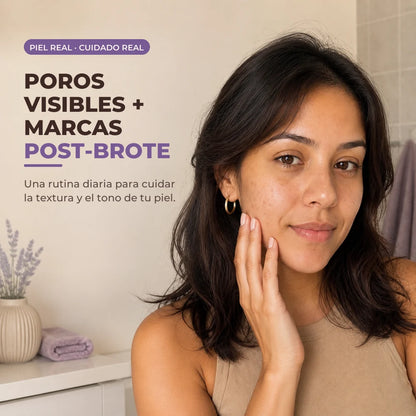 Poros visibles y marcas post-brote en una rutina facial con piel real