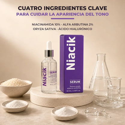 Ingredientes clave de Niacik: niacinamida, alfa arbutina, oryza y ácido hialurónico