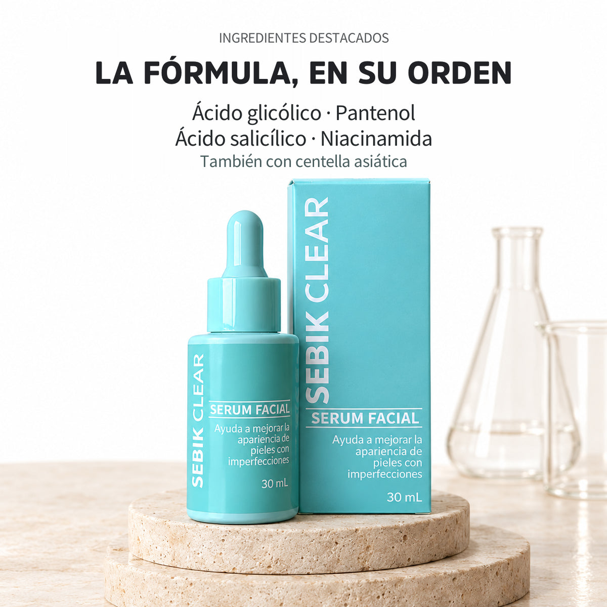 Ingredientes destacados de Sebik Clear, en el orden de la etiqueta: ácido glicólico, pantenol, ácido salicílico, niacinamida; también con centella asiática. No es la lista completa.