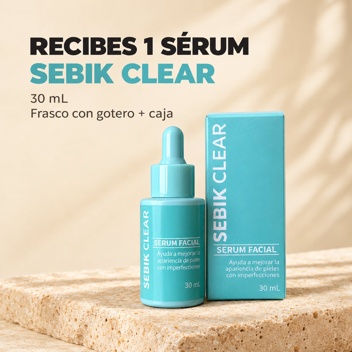 Presentación Sebik Clear: un sérum facial de 30 mL con gotero y su caja.