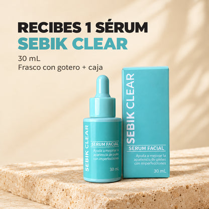 Presentación Sebik Clear: un sérum facial de 30 mL con gotero y su caja.