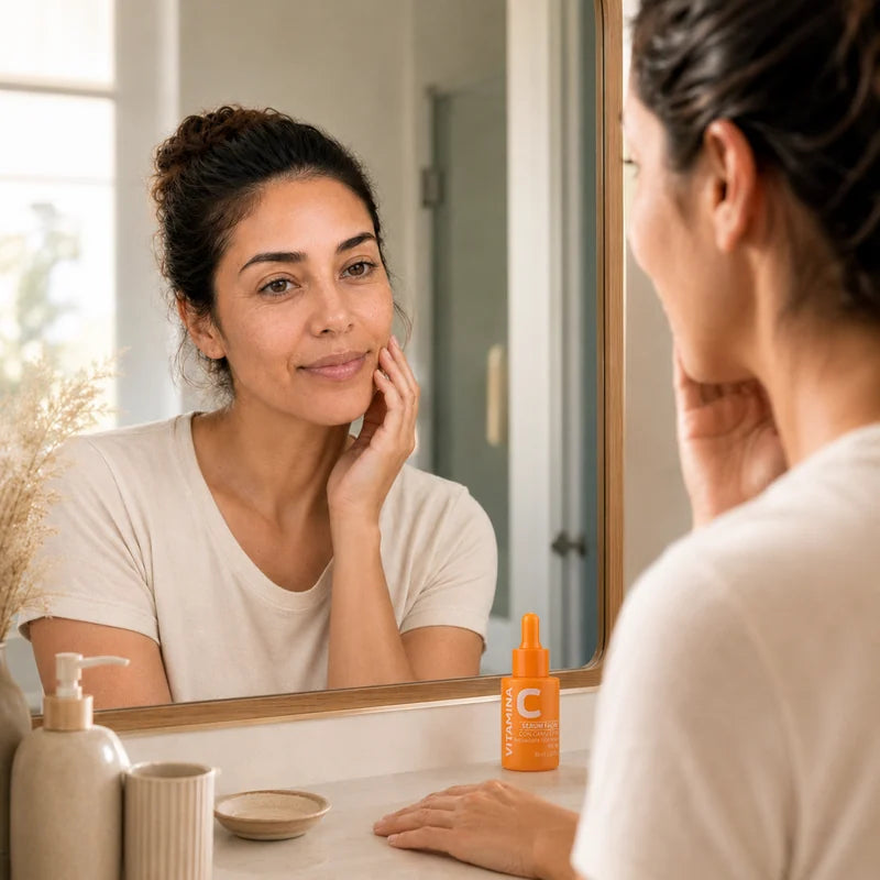Modelo 20 integrando el Sérum de Vitamina C con Camu Camu en su rutina facial