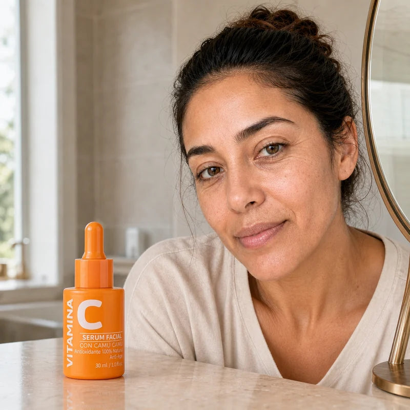 Modelo 20 junto al Sérum de Vitamina C en una composición editorial de beneficios
