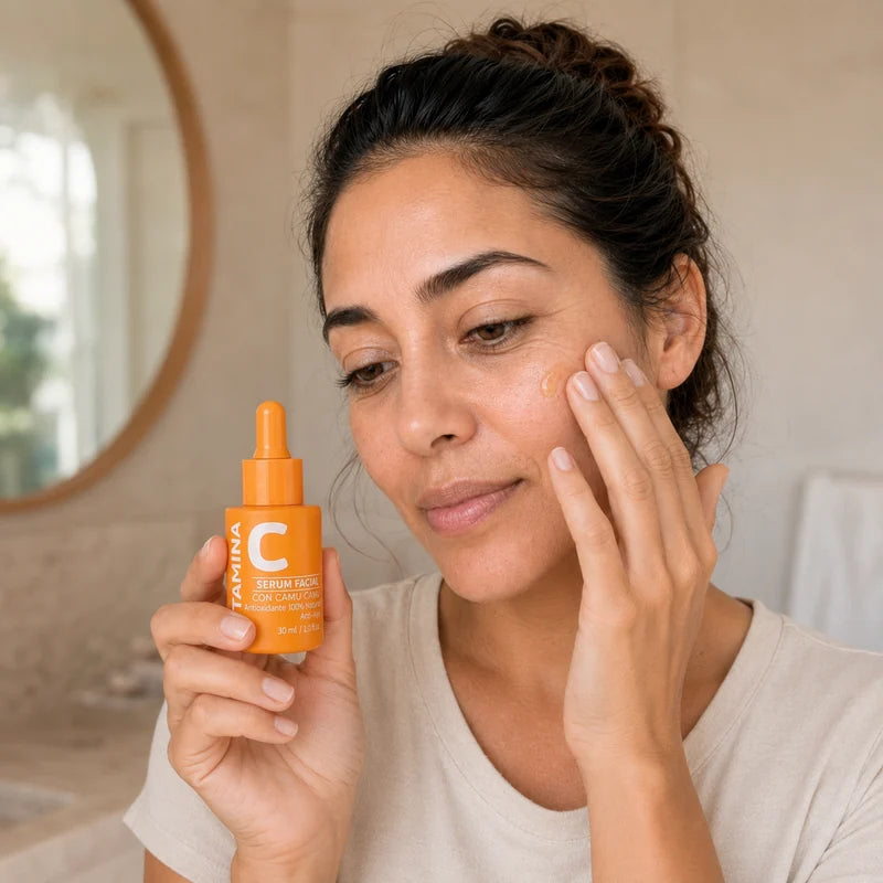 Modelo 20 aplicando una pequeña cantidad del Sérum de Vitamina C en el rostro