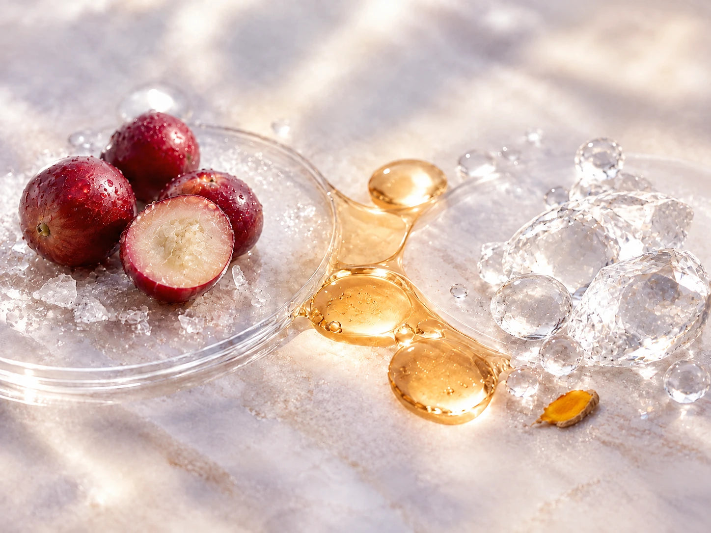 Representación de la fórmula con sérum ámbar, Camu Camu, hidratación y cúrcuma