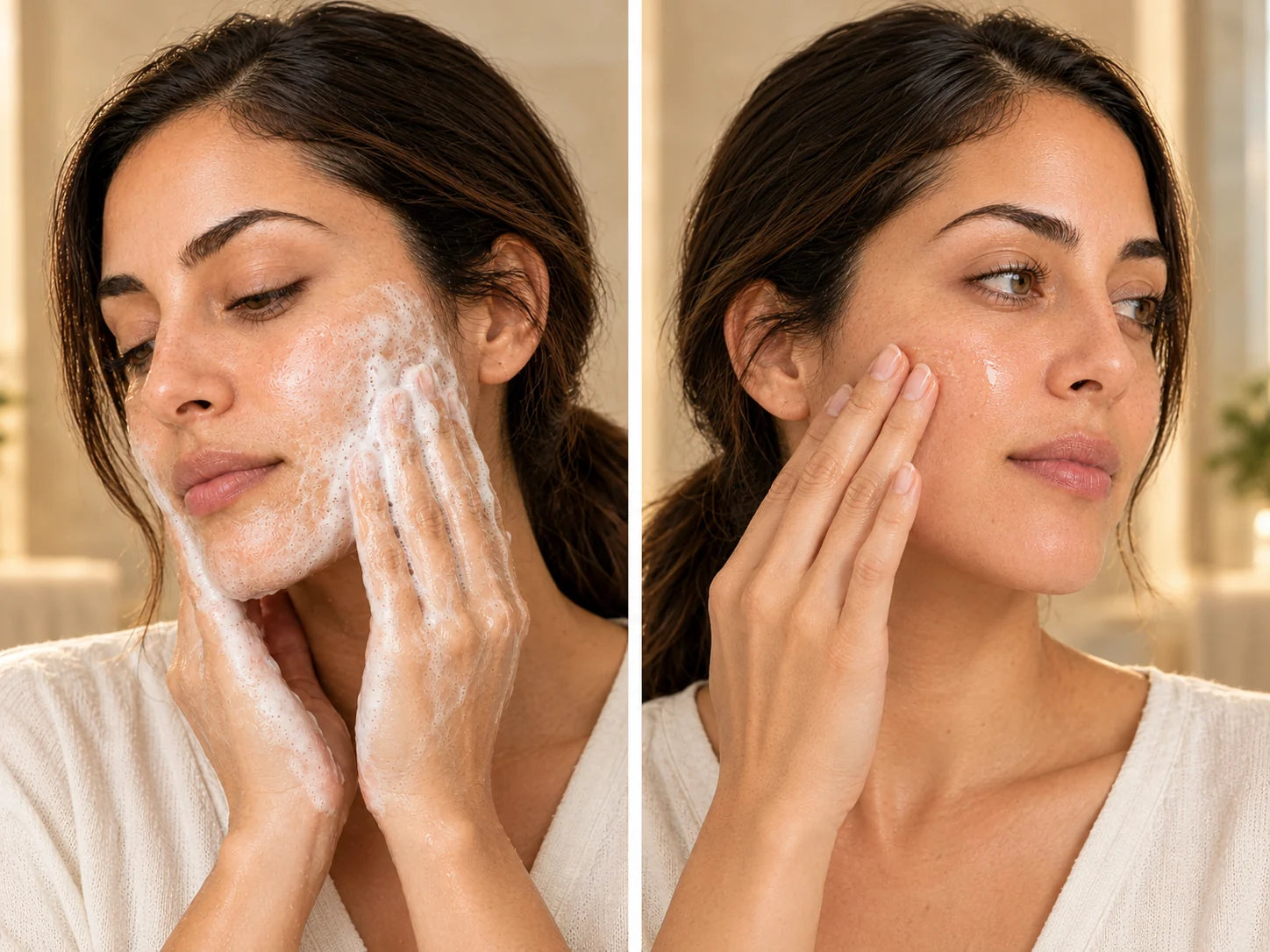 La misma mujer realiza dos momentos de su rutina nocturna: limpieza facial y aplicación del sérum con las yemas de los dedos