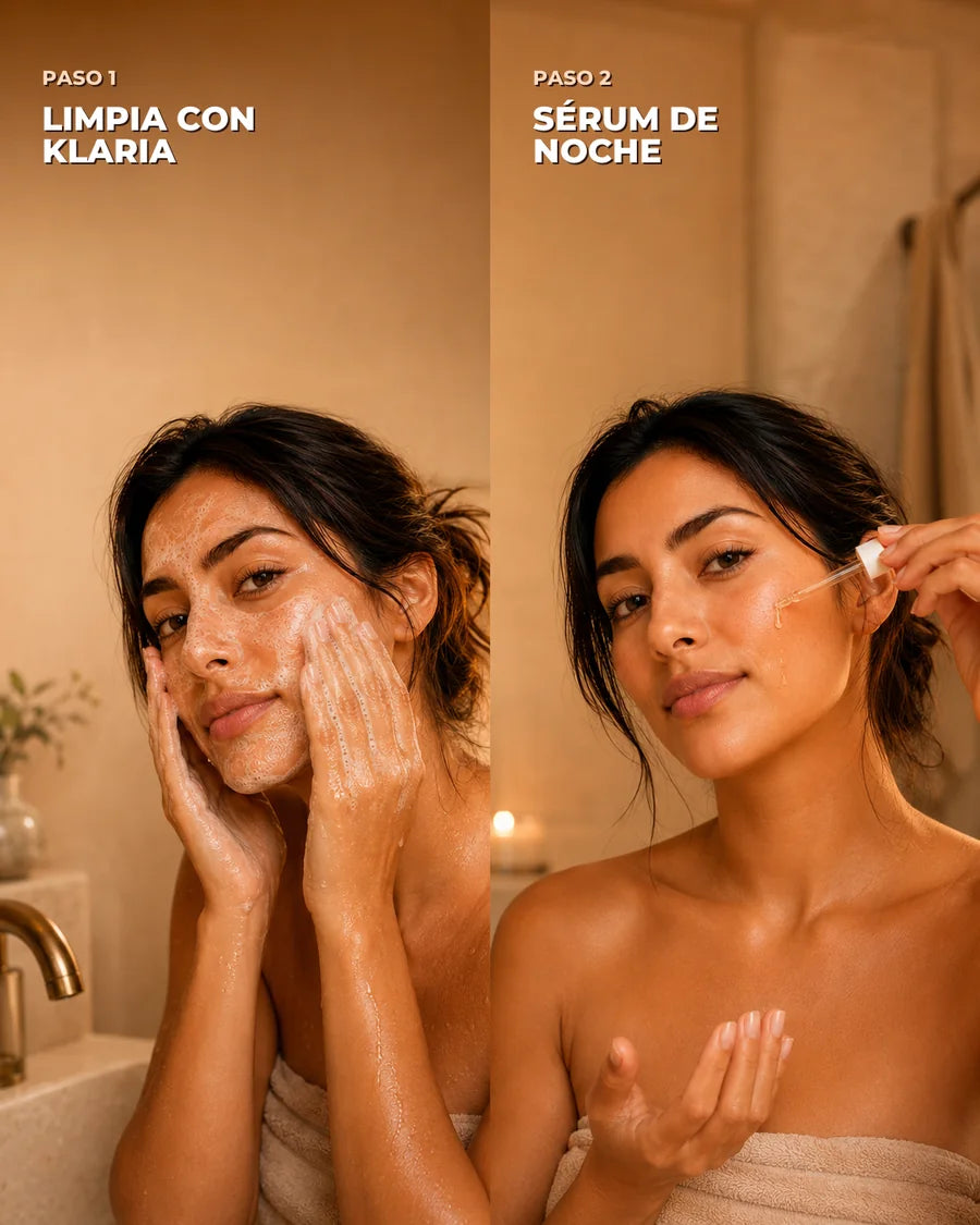 Rutina facial nocturna en dos pasos: limpieza con Klaria y aplicación del sérum