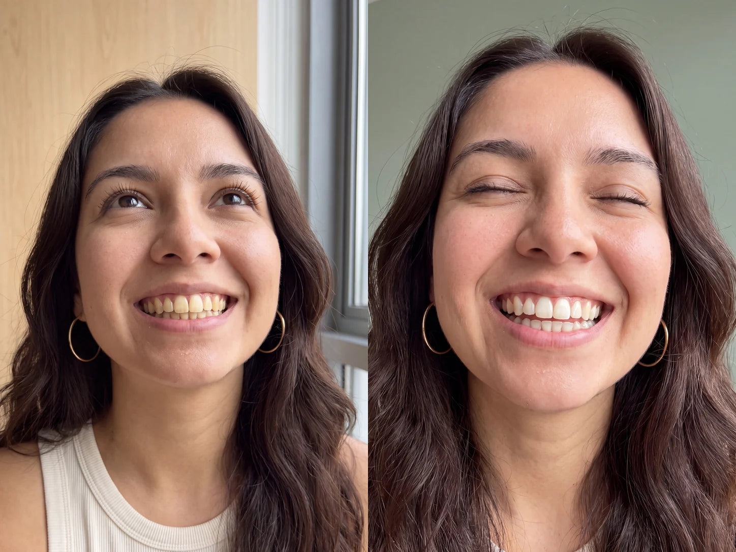 Dos fotografías lado a lado de una mujer sonriente