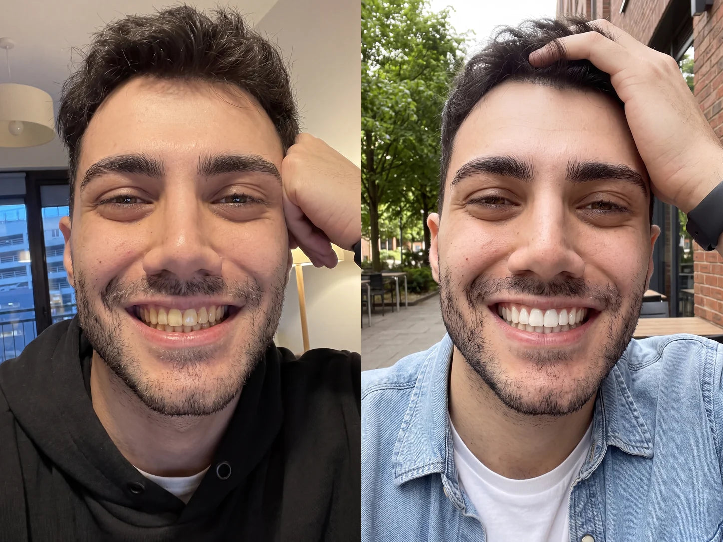 Dos fotografías lado a lado de un hombre sonriente