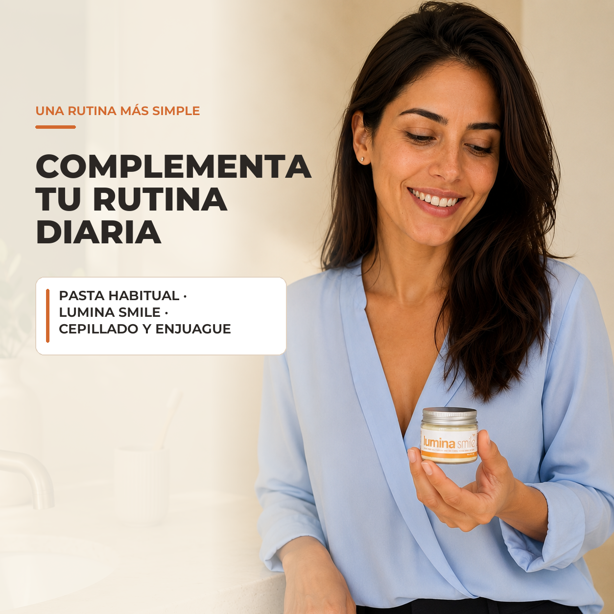 Modelo Natural 19 con Lumina Smile en una rutina de cuidado oral