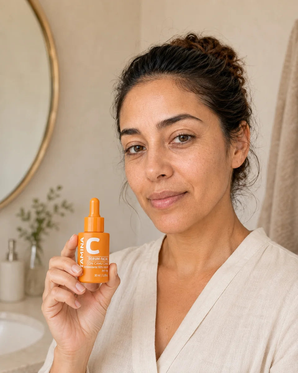 Modelo 20 sosteniendo el sérum de Vitamina C de Marak