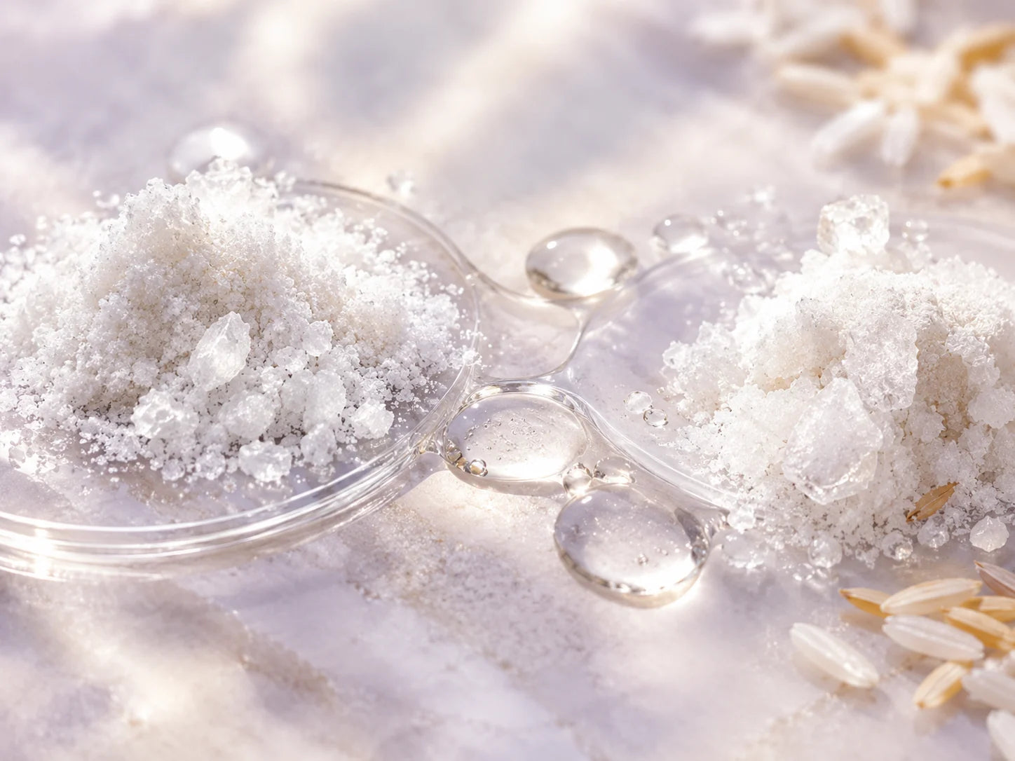 Representación editorial de cristales cosméticos, sérum transparente y granos de Oryza